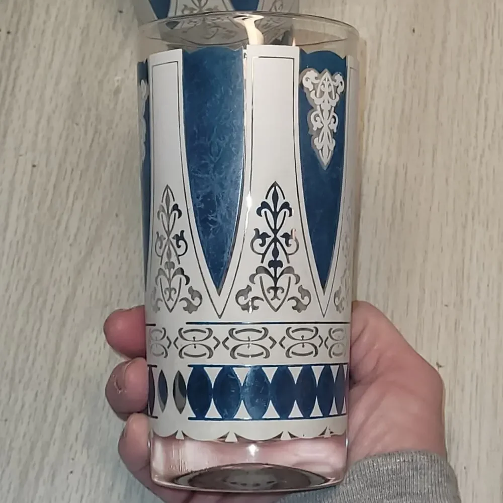 Vtg 1960s MCM Retro Highball Glasses Blue And White Barware Set Of 2 Replcements